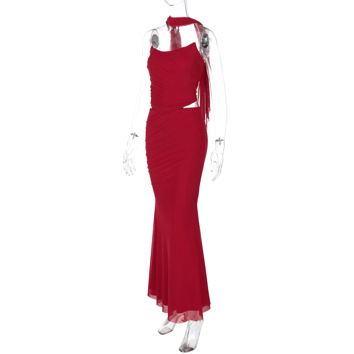 TRAUXY Elegant Two-piece Dress Sets With Scarf Strapless Fishbone Top Long Skirt For Women 2025 Sexy New Slim Party Skirt Set