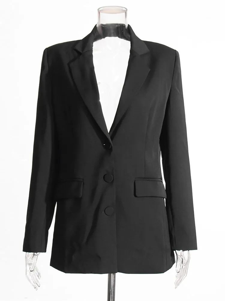 KBQ Hollow Out Spliced Diamonds Blazers For Women Notched Collar Long Sleeve Patchwork Single Breasted Backless Blazer Female