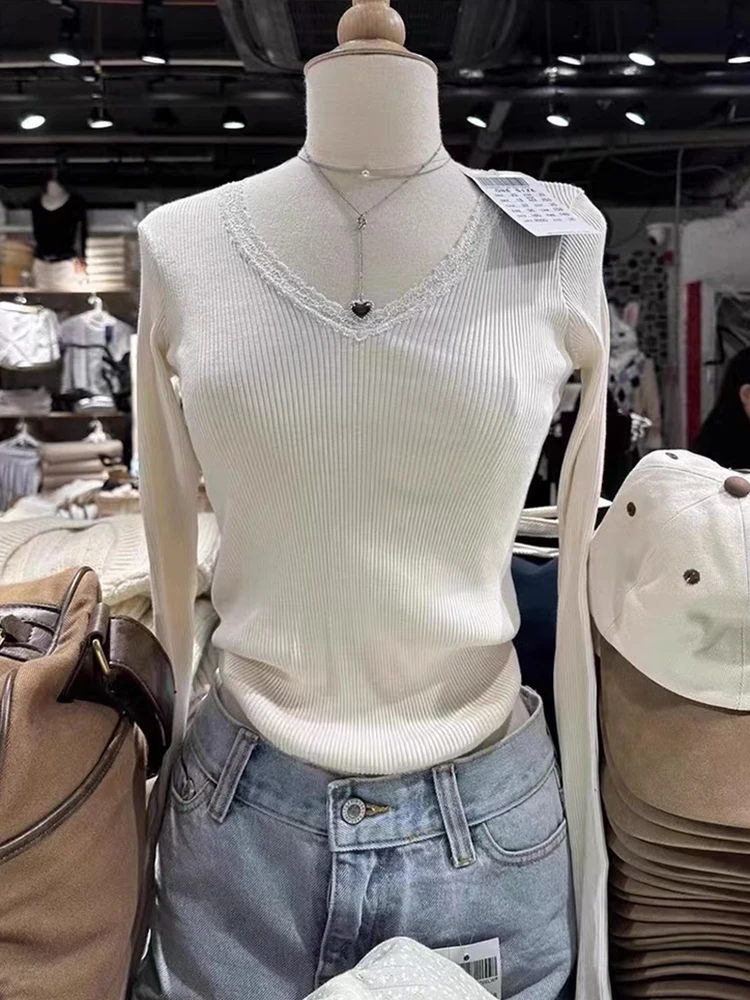 

Lace Trim Ribbed Long Sleeve T Shirt For Women New Autumn V Neck Cotton Slim Tees Tops Vintage Solid Sweet T-shirt Clothes Y2k