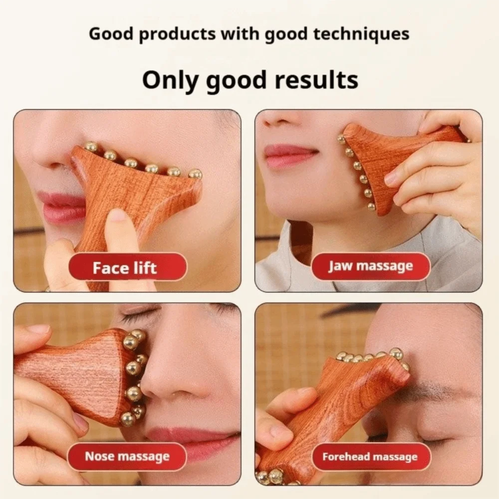 Brass Facial Massage Roller 20-Bead Sandalwood Facial Fascia Lifting Tool Forehead Massager