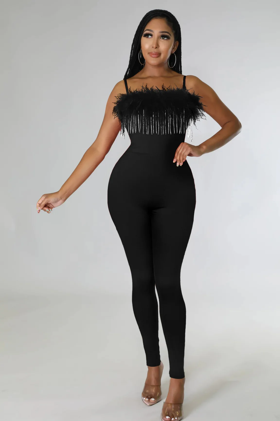 BKLD Spring And Summer New Women Clothing Solid Color Zipper Sling Diamonds Chain Feather Patchwork Long Pants Jumpsuit