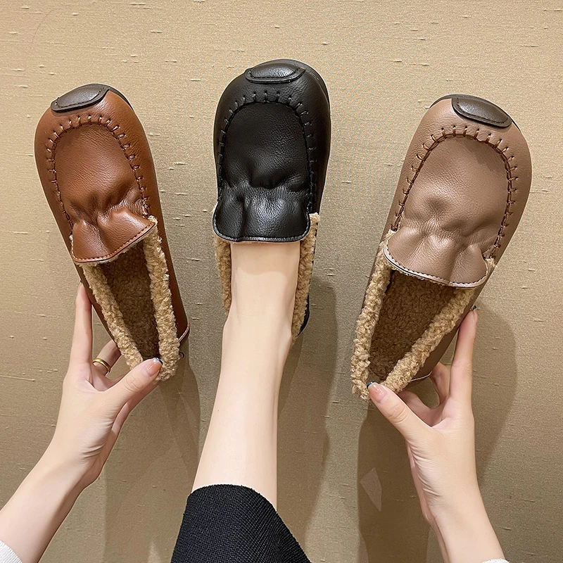 

Мокасины женские с круглым носком, туфли на низком каблуке, без застежки, резиновые, короткие, плюшевые, в римском стиле, однотонные, до середины икры