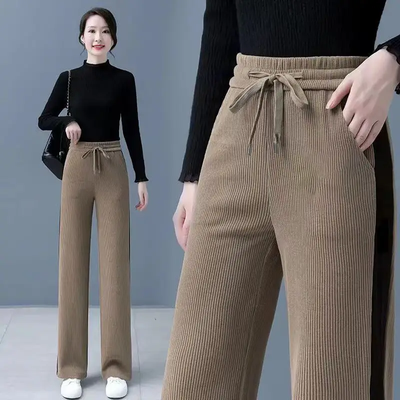 Semplicità All-match Autunno Inverno Pantaloni Donna Coulisse Tasca a contrasto di colore Elastico a vita alta Pantaloni dritti slim casual 5