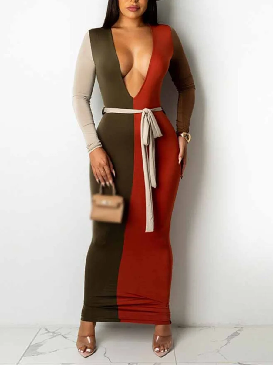 

LW Vintage Contrast Color Sexy Deep V Neck Patchwork Lace-up Women Dresses Party Bodycon Office Elegant Streetwear Maxi Dress