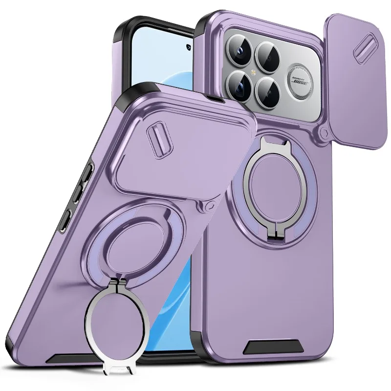 Enhanced Shockproof Hybrid Magnetic Ring Stand Phone Case with Slide Lens Armor Hard Cover