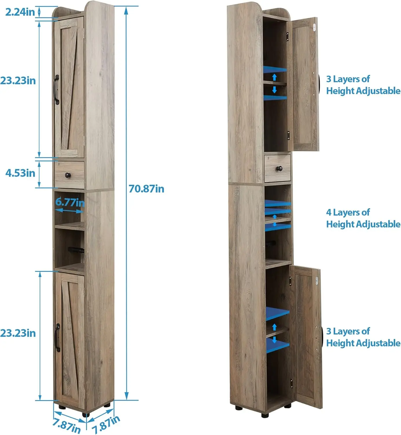 Bathroom Cabinet. Tall Narrow. Adjustable Shelf. Retractable Paper Rod. 8 Compartments. Brown Gray.