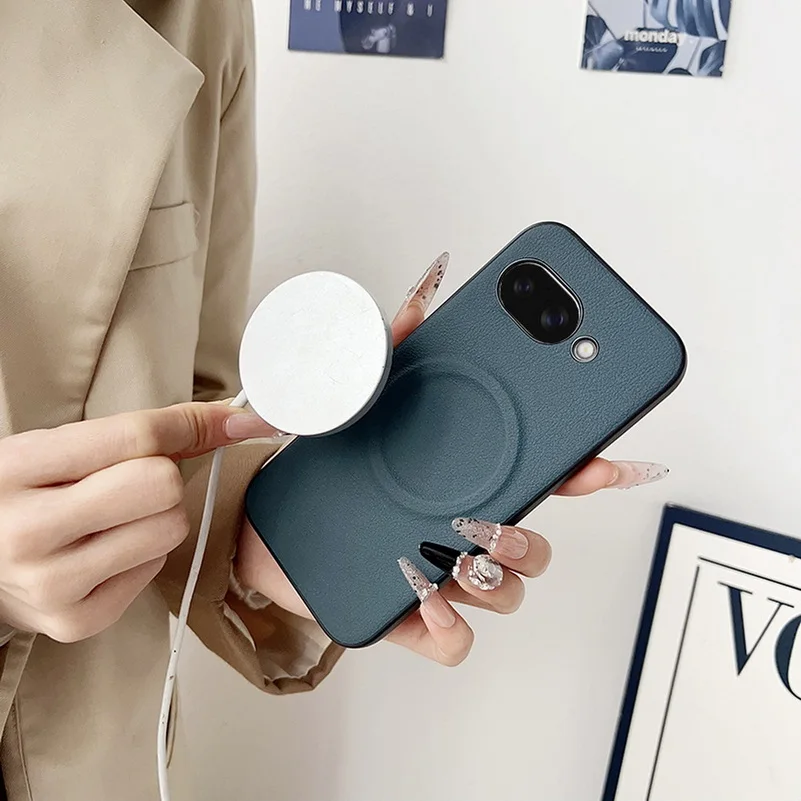 Premium Plain Leather Phone Case with Built-in MagSafe Magnetic Ring and Camera Protection