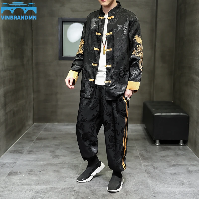 

M-5XL Chinese Style Print Men Shirt Set Plus Size Men Clothing Casual Loose Streetwear Jacket Pants Suit Two Pieces Sets XXXXXL