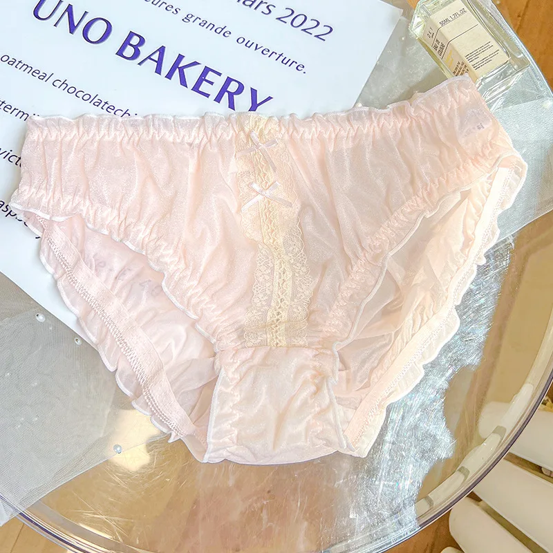 3XL Plus Size Women Ice Silk Panties Bow Ruffles Lolita Princess Style Underwear Candy Color Briefs Image 9