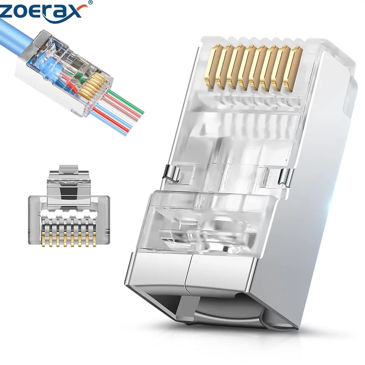 ZoeRax-Conectores de paso RJ45 Cat6 Cat6A blindados, 50 piezas, 3 puntas  8P8C, extremos Ethernet chapados en oro para Cable de red FTP/STP