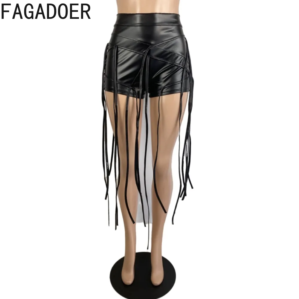 FAGADOER Fashion PU Leather Tassels Shorts Women High Waisted Skinny Shorts Sexy Female Soild Color Party Club Clothing Bottoms