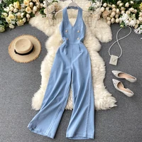 Women Summer Denim Jumpsuits Halter Backless Double Buttons High Waist Wide Leg Youth Jean Jumpsuit Rompersman