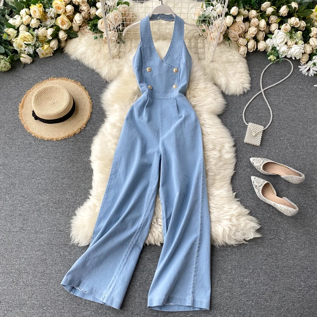 Women Summer Denim Jumpsuits Halter Backless Double Buttons High Waist Wide Leg Youth Jean Jumpsuit Rompersman