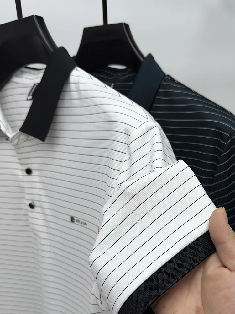 Advanced Ice Silk Breathable Short sleeve T-shirt for Men's 2024Summer New Trendy Stripe Letter Print Business Casual Polo Shirt 14 Sba66bdbb6b9846e0aef0d4962a513acfd
