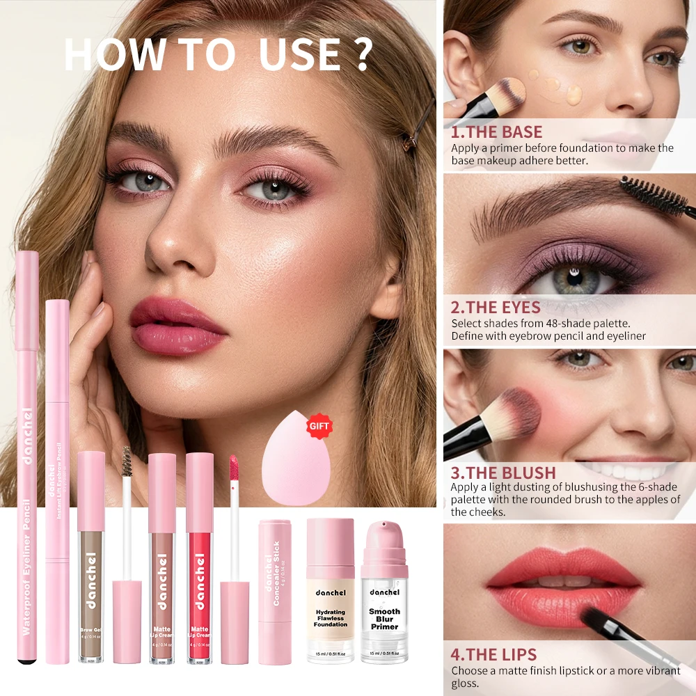 Set Trucco Completo All-in-One: Include Primer, Fondotinta, Matita Sopracciglia, Eyeliner, Correttore, Lucidalabbra - Kit Cosmetico per Donna - immagine 6