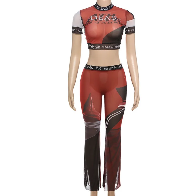 2024 Summer Mesh See Through 3D Printed 2 Piece Set Women O Neck Short Sleeve Crop Tops Contrast Colors Pants Casual Streetwear
