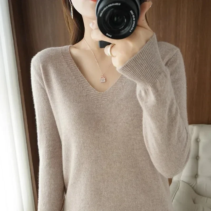 

Women's Sweater 2023 Autumn Winter Knitted Pullovers V-neck Slim Fit Bottoming Shirt Solid Soft Knitwear Jumpers Basic Sweaters