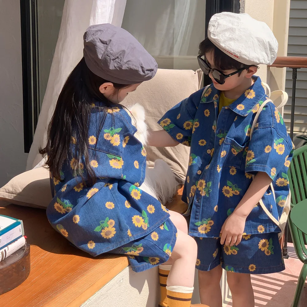 

Children Clothing Set 2023 Spring Summer Sweet Style Boys and Girls Korean Loose Denim Printed Short Sleeve Shorts Two Piece Set