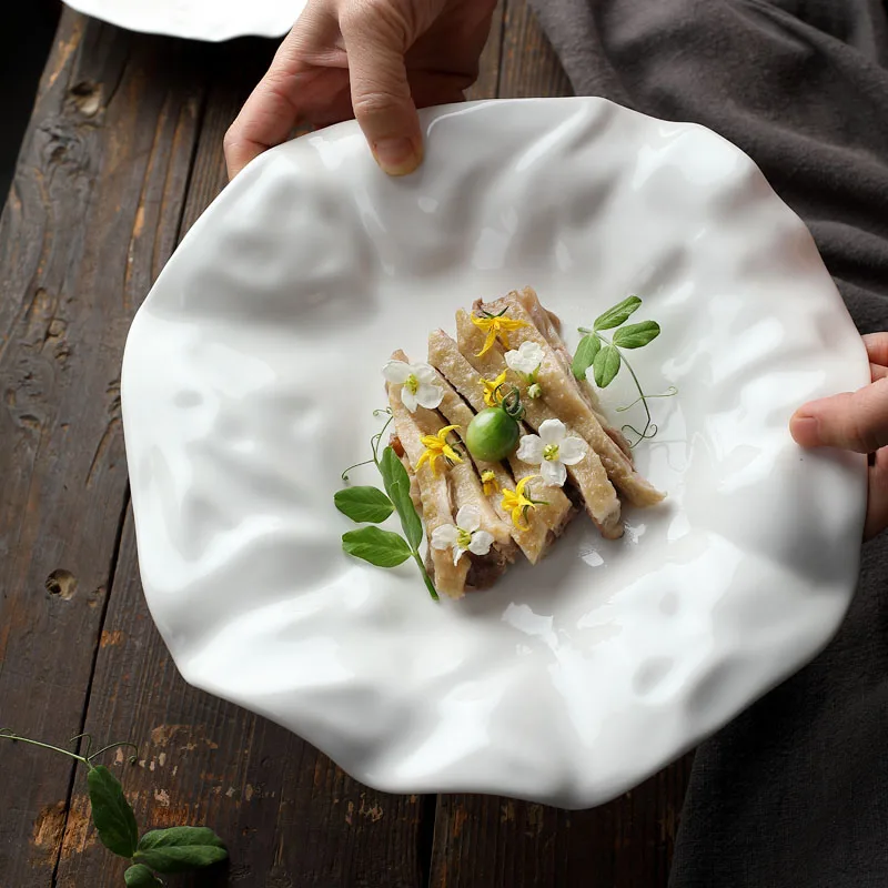 French Ceramic Tableware Irregular White Ceramic Western Plate Creative Pleated Paper Plate Restaurant Fruit Tray Dumpling, fruit plate, ceramic dessert plates