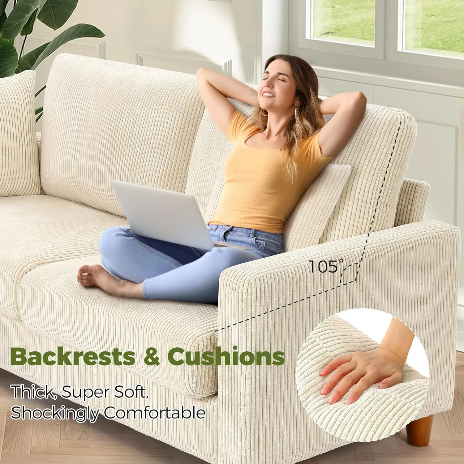 70in Corduroy Couch, Kidirect Sofa No Tool Assembly, Comfy Couches for Living Room 21in Deeper Seats, Corduroy Sofas for Living