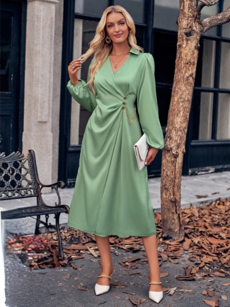 

Женское однотонное платье с V-образным вырезом, длинным рукавом и поясом