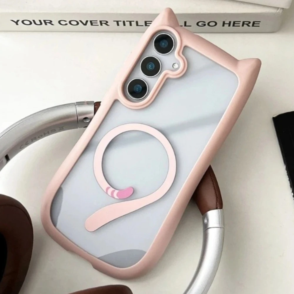 Cute Cat Ear Transparent Magnetic Wireless Charging Shockproof Case