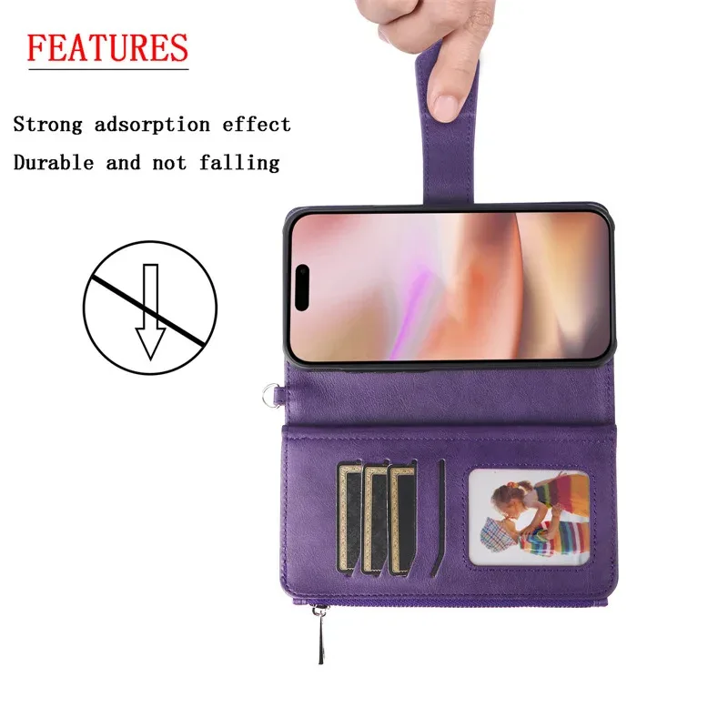 Luxury Flip Leather Phone Case with Magnetic Zipper Wallet and Multi-Card Holder