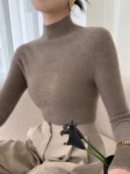 100% Pure Wool Slim Quality Autumn Winter Famale Mock Neck Sweatear Women Knitted Pullover Fashion Stripe Warm Comfort Tops