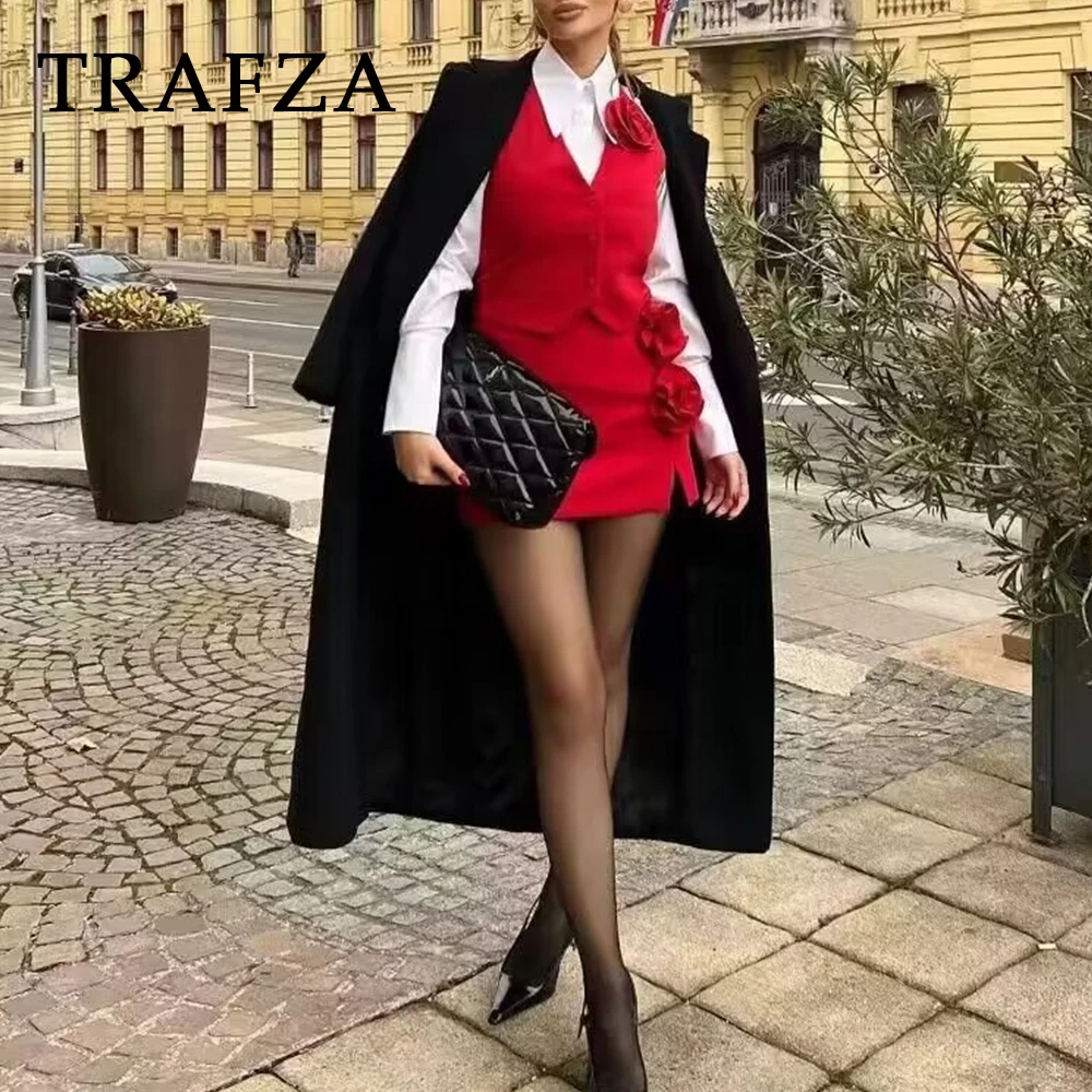 

Женский винтажный однотонный костюм TRAFZA, жилет без рукавов, с цветочным принтом и воротником-стойкой и мини-юбка на молнии, модные женские комплекты, весна 2024