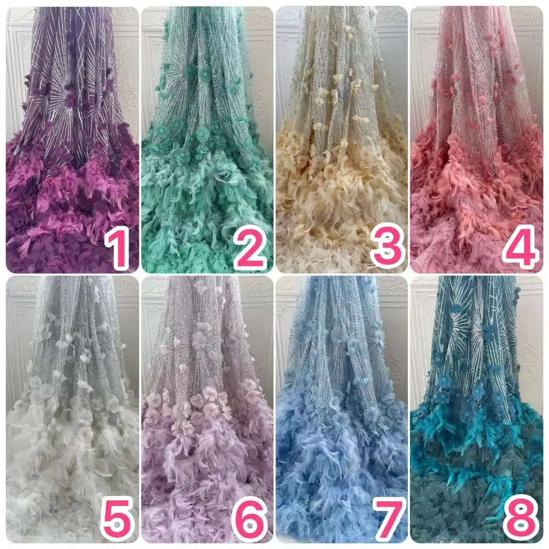 Beautiful African Sequins Lace Fabric High Quality French Nigerian Sequin Mesh Feather Lace Fabric 5 Yard For Wedding Party