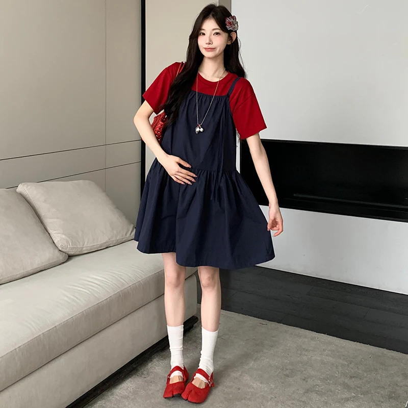 여름 임부복 세트 2025 신상 한국 스타일 레트로 반팔 티셔츠 미디 스트랩 원피스 투피스 세트 면 소재
