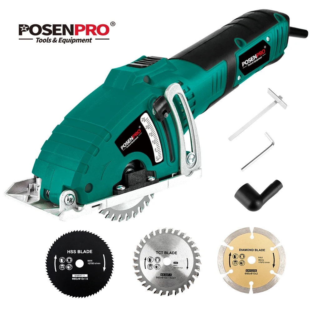 POSENPRO electric mini circular saw 700W, power tool, cutting wood metal, parallel guide attachment, tools, 3 pcs blades