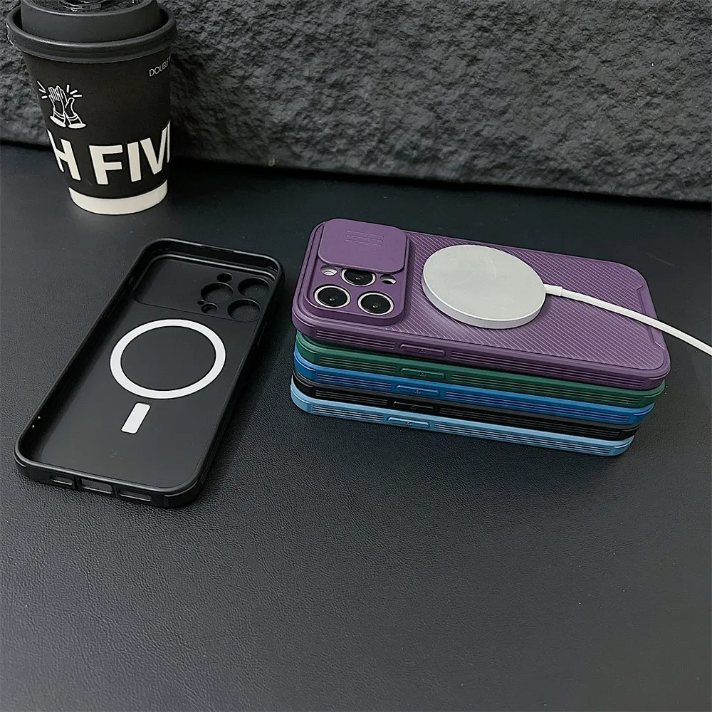 Luxury Slide Camera Magnetic Armor Case with Wireless Charging Capability