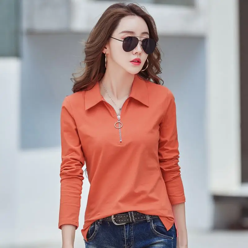 

Spring Autumn Korean Popular Clothes Women Polo Shirt Long Sleeve T-Shirt Women Lape Tops Simple Solid Casual Cotton Woman Tees
