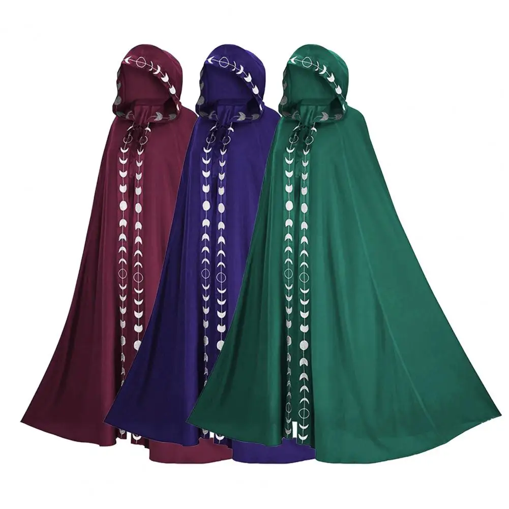 Woman Mantle Hooded Moon Print Unisex Cloak Medieval Extra Long Lace Up Halloween Cape Cosplay Costume
