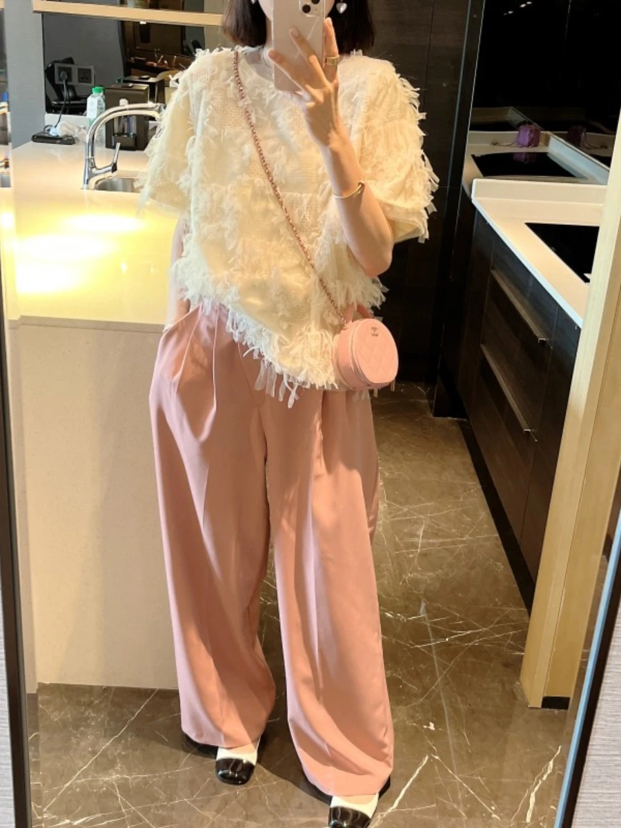 Solid Color All-Matching Mesh Tassel Sweet Slipover Top Ladies 2022 New Summer Trousers Round Neck Short Sleeve T-shirt Female