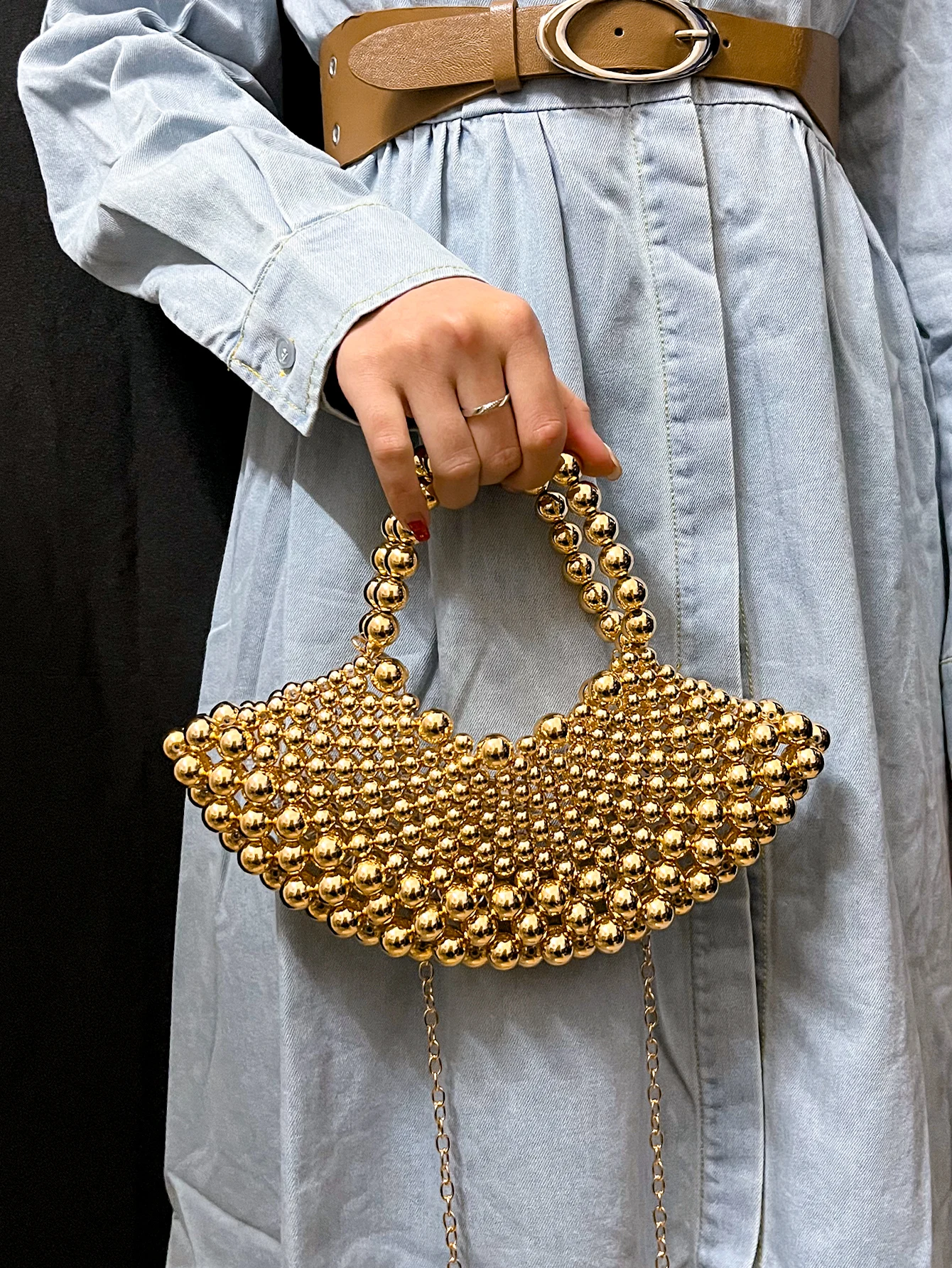 Summer high-end niche watch fan-shaped bead bag for women 2026+new crossbody handmade hollow bag