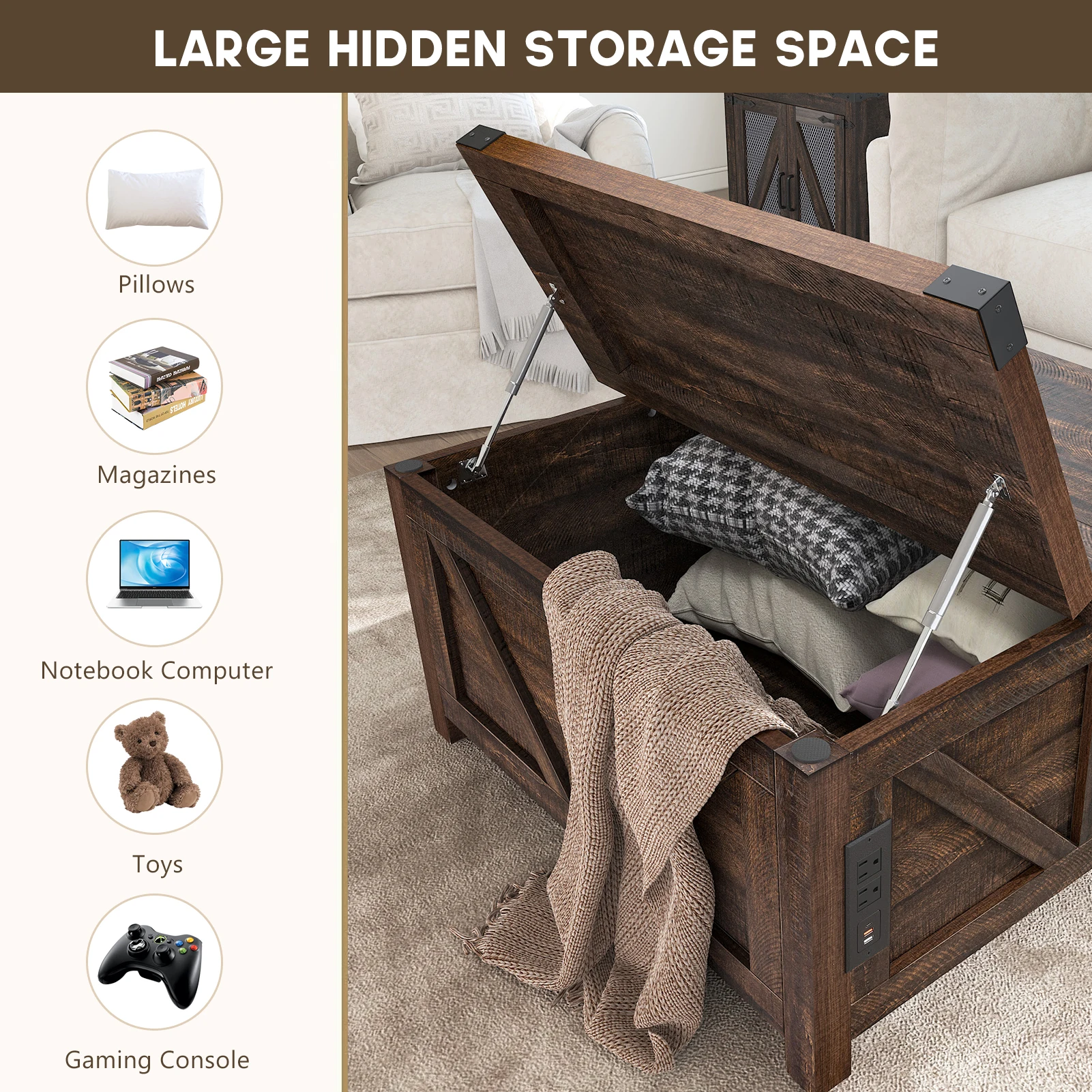 Farmhouse Lift Top Coffee Table, Living Room Central Table with Hidden Space, Wood Square Center Table w/Charging Station, Brown