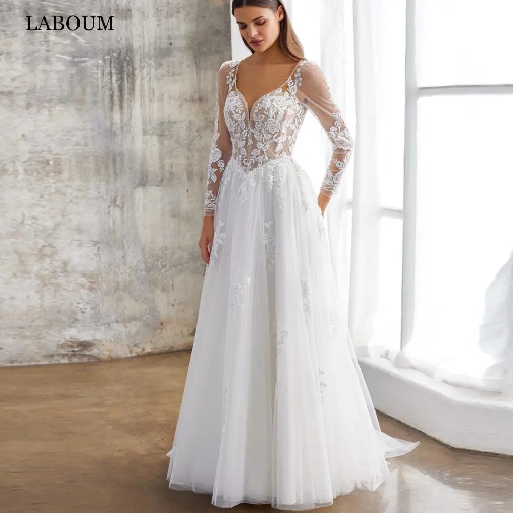 

LaBoum Sweetheart Lace Appliques Wedding Dresses For Women 2023 Long Sleeves Tulle Bridal Gowns Illusion Back Vestido De Novia