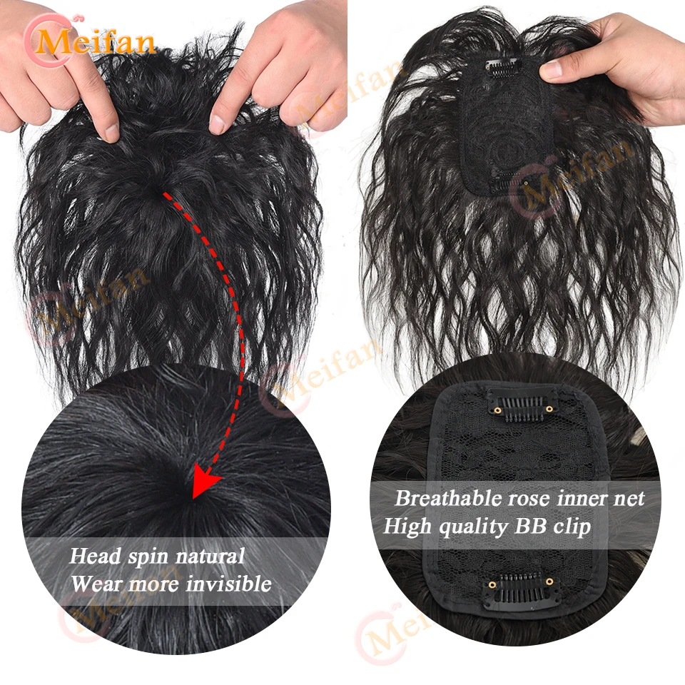 MEIFAN Synthetic Topper Closure Hairpieces with Bangs Clip on the Top of Head Hair Extension to Cover the White Hair Hairpiece synthetic bangs