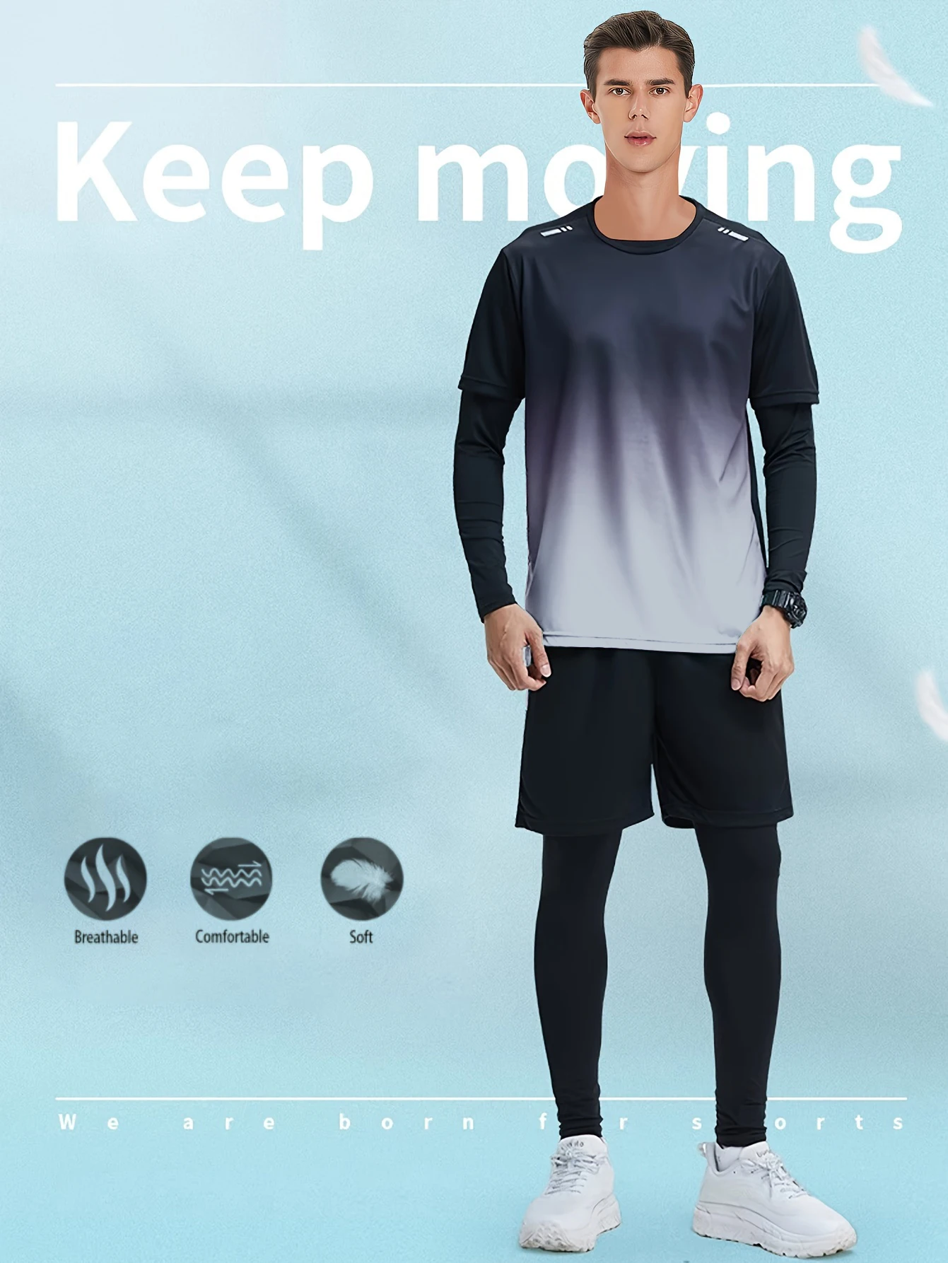 Men's Sports 4pcs Set, High Stretch Gradient Color T-shirt + Active Shorts + Leggings + Long Sleeve Compression Shirt Matching S 5