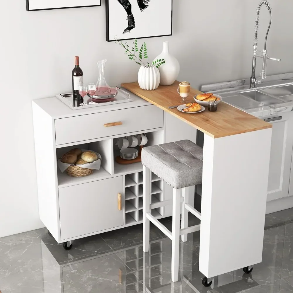 Mobile Kitchen Island Cart, 4-in-1 Reversible Serving Cart Bar Table Combo, for Dining Room, White，Kitchen Islands & Trolleys