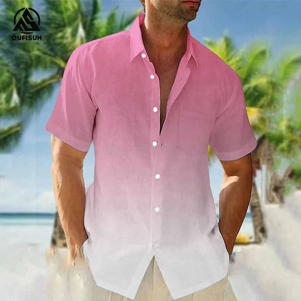 Casual Men's Shirts Summer Clothing Gradient Graphics Apparel Vacation Seaside Oversized Short Sleeve Tops For Male Shirts