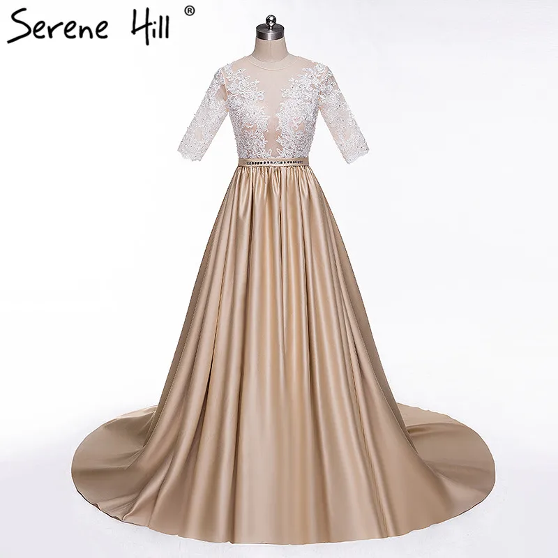 Serene Hill Sexy Sheer Half Sleeve Khaki Evening Dresses Lace Appliques ...