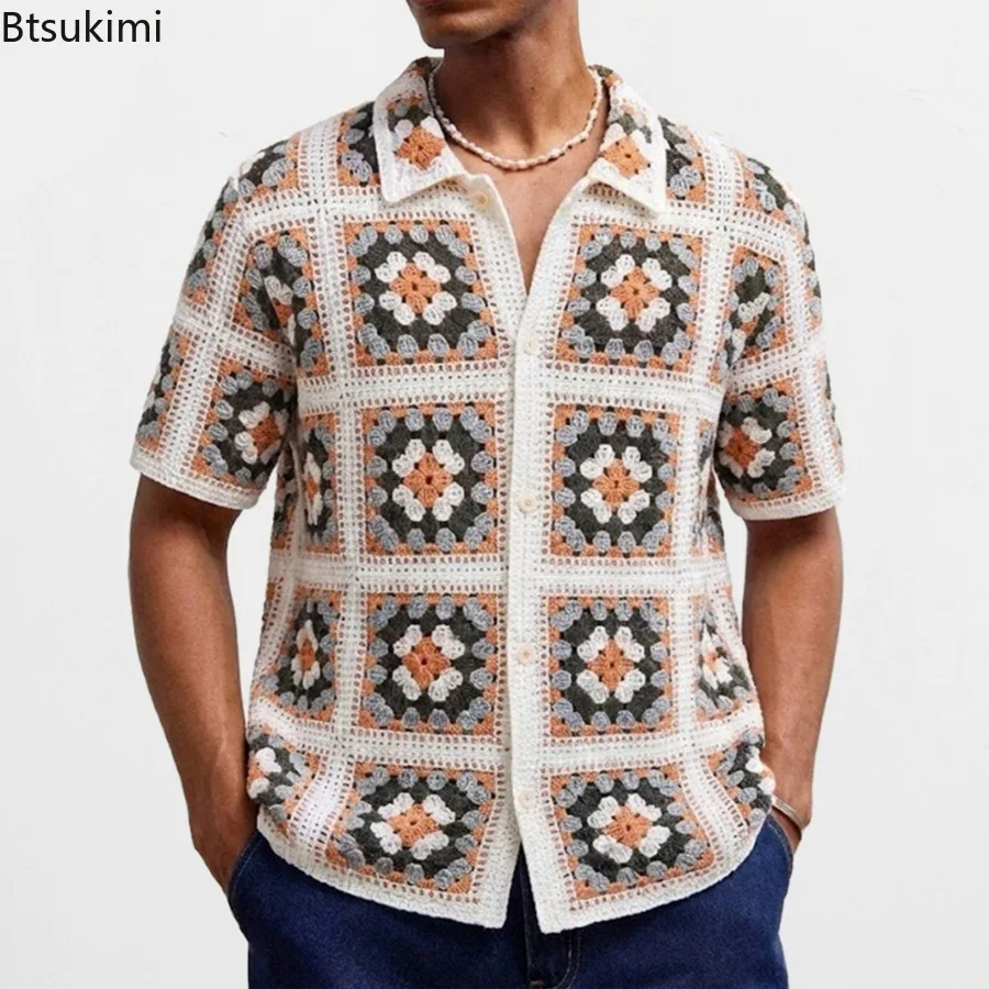 Nuove Polo da Uomo 2026 in Maglia Colorata a Quadri Stile Etnico, Cardigan Estivi Casual a Maniche Corte, Top Lavorati a Maglia da Uomo - immagine 6