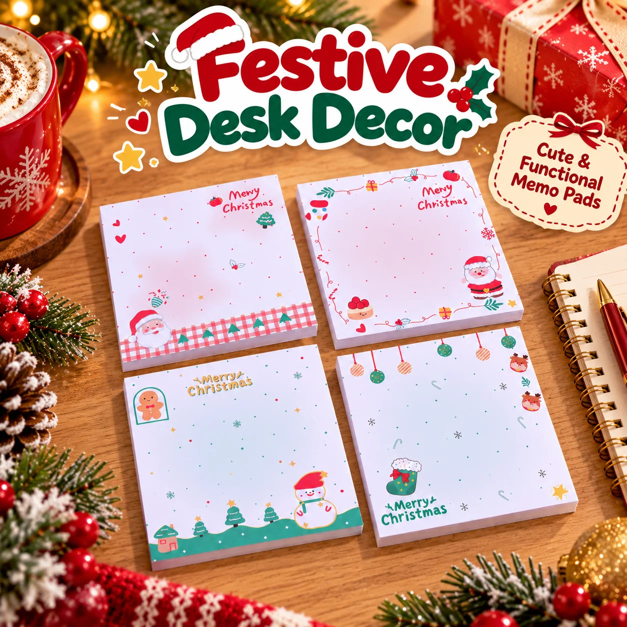 Festive Cartoon Christmas Sticky Notes Set - 4 Delightful Designs