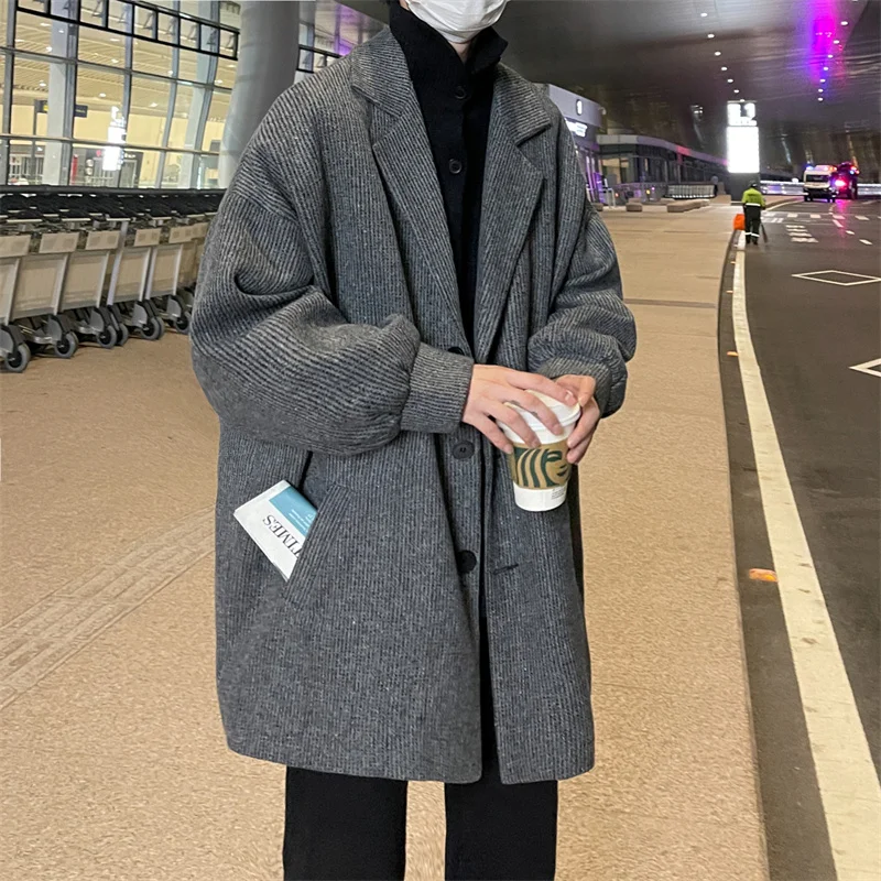 

Mid Long Dust Coat Men Winter Korean-style Trench Mens Solid Single-breasted Woolen Cloth Coat Loose Casual Trenchcoat Outwear