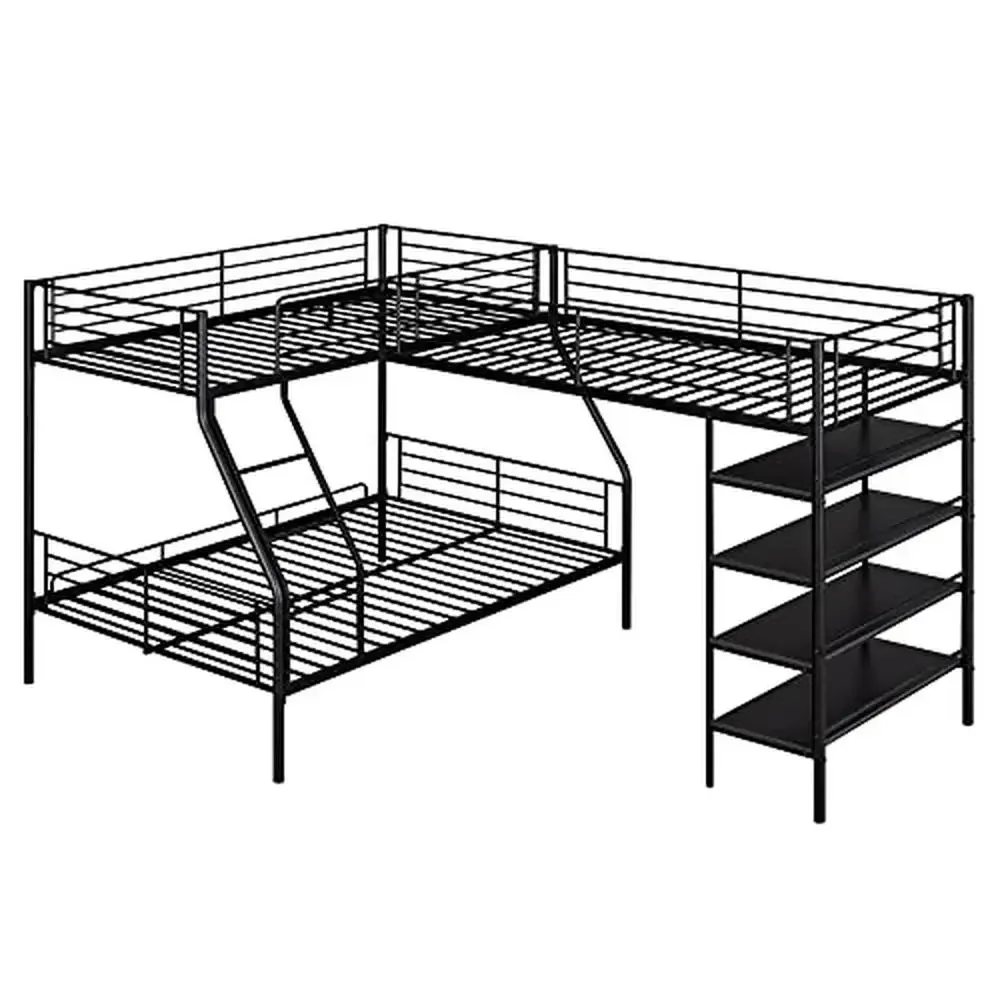 L Shaped Metal Corner Bunk Bed with Loft Built in Shelves Twin Over Full No Box Spring Needed 117.2 L x 77.5 W x 62.9 H