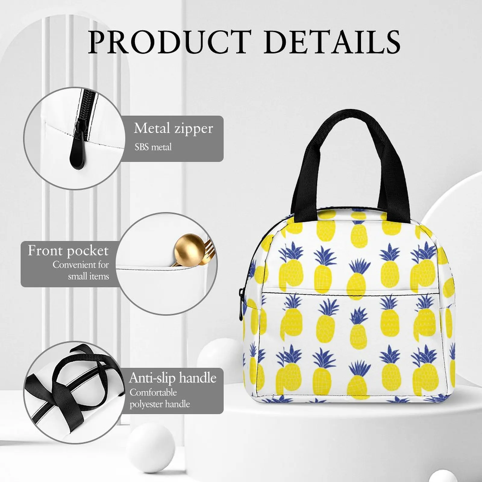 Custom Pattern Tote Lunch Bags for Women Yellow Pineapple Print Portable Meal Bag Picnic Travel Breakfast Box Office Work School