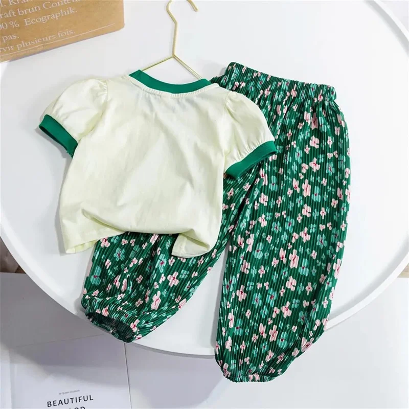 2024 Children's Suit Baby Cute Round Neck Short Sleeve Set Summer New Girls Cartoon T-Shirt Floral Pants Casual 2-Piece 12M-6Y